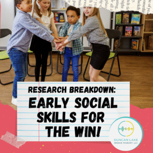 Four young children stand in a circle with their hands stacked together in the center, appearing to engage in a cooperative group activity. Behind them are chairs, bookshelves, and colorful decorations. Overlaid text reads: “Research Breakdown: Early Social Skills for the Win!” The Duncan Lake Therapy Collective, LLC logo is in the bottom right corner. The design includes playful collage elements like torn paper and notebook lines.