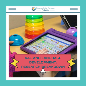 A Duncan Lake Therapy Collective graphic featuring a child using an AAC device in a purple protective case. The device displays a grid of picture-based communication symbols. A pink text box reads, “AAC and Language Development: Research Breakdown,” with colorful arrows pointing toward the title.