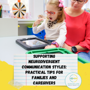 A parent with a child sitting on their lap. They are looking at iPads. The title below reads Supporting Neurodivergent Communication Styles: Practical Tips For Families and Caregivers