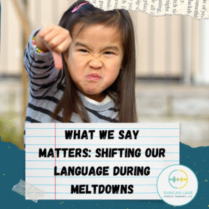 A young child with long dark hair wearing a striped shirt is making an angry face and giving a thumbs-down gesture. Overlaid text reads: “What We Say Matters: Shifting Our Language During Meltdowns.” The Duncan Lake Therapy Collective, LLC logo is in the bottom right corner. The design includes a torn paper collage and a notebook-style background behind the text.