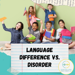 A group of six smiling children sit on the floor against a light green wall, holding colorful notebooks, backpacks, and small flags from different countries, including the United States, Hungary, and Germany. Below them is a notepaper-style graphic with bold black text that reads “Language Difference vs. Disorder.” The Duncan Lake Therapy Collective, LLC logo appears in the bottom right corner.