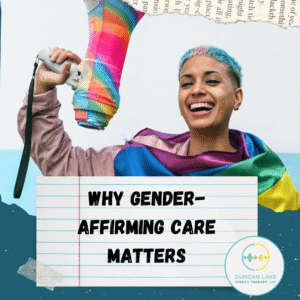A person with short teal hair smiles brightly while holding a megaphone wrapped in a rainbow pride flag. Another rainbow flag is draped over their shoulders. Behind them is a torn-paper collage background in soft blue and cream tones. In front, a notecard-style graphic reads “Why Gender-Affirming Care Matters,” with the Duncan Lake Therapy Collective, LLC logo in the bottom right corner.