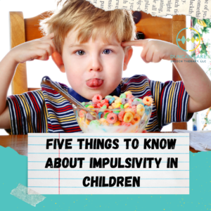 Young child sitting at a table with a bowl of colorful cereal, sticking out their tongue and pointing to their temples. Text overlay reads, “Five Things to Know About Impulsivity in Children,” with the Duncan Lake Therapy Collective logo in the corner.