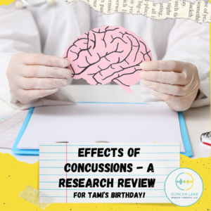 A person wearing white gloves holds a pink paper cutout of a brain with black lines drawn to represent folds and pathways. The brain is held over a desk with a clipboard and paper. At the bottom of the image, bold black text on a lined notebook-style background reads, “Effects of Concussions – A Research Review for Tami’s Birthday!” The Duncan Lake Therapy Collective, LLC logo appears in the lower right corner. The overall design features yellow graphic accents and layered paper textures.