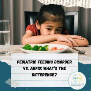 A young child sits at a dining table with their head resting on their arms, looking discouraged while staring at a plate of broccoli and carrots. Overlaid text reads, “Pediatric Feeding Disorder vs. ARFID: What’s the Difference?” with the Duncan Lake Therapy Collective logo in the corner.