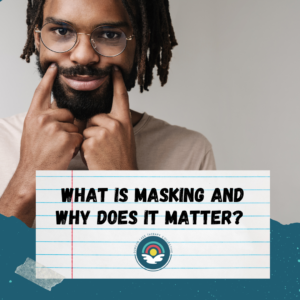 A person wearing glasses gently presses the corners of their mouth into a smile with both index fingers, illustrating the concept of masking, or changing outward expressions to hide how someone truly feels. A notebook paper graphic overlays the bottom of the image with the text, "What Is Masking and Why Does It Matter?" and the Duncan Lake Therapy Collective logo appears below the title.