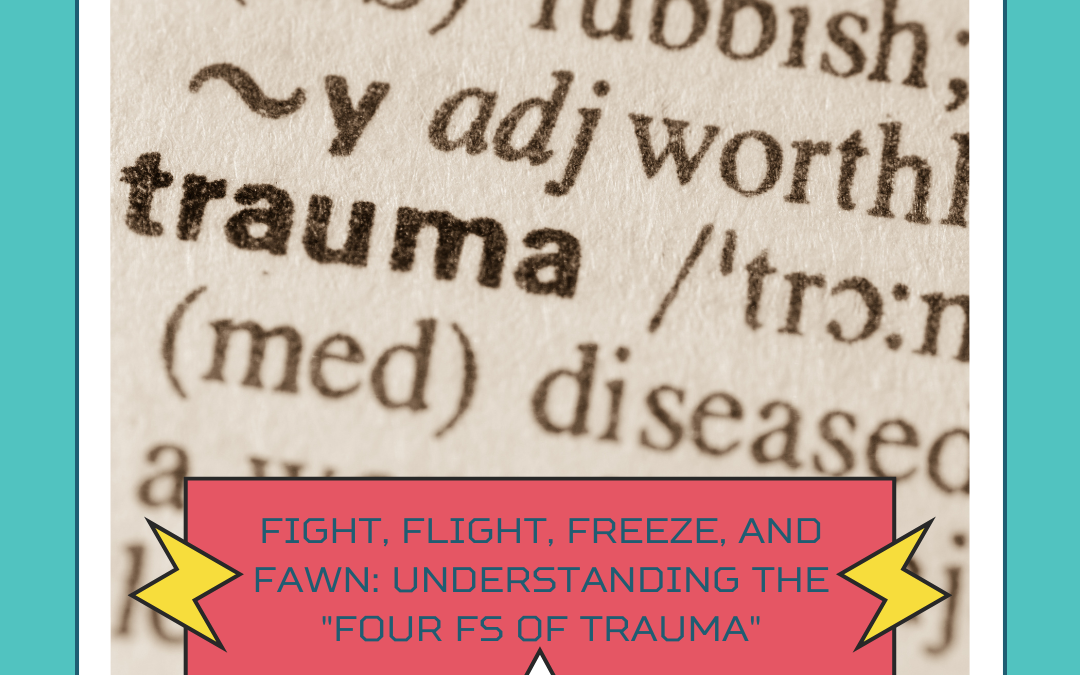 Graphic from Duncan Lake Therapy Collective featuring a dictionary photograph highlighting the word “trauma.” A pink text box with yellow lightning bolts and a white arrow reads, “Fight, Flight, Freeze, and Fawn: Understanding the ‘Four Fs of Trauma’.” The graphic has a teal background and the Duncan Lake Therapy Collective logo at the top.