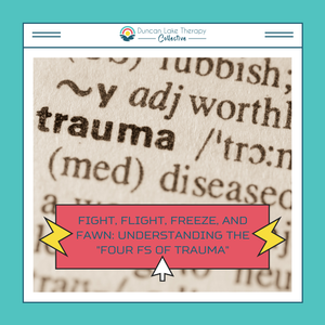 Graphic from Duncan Lake Therapy Collective featuring a dictionary photograph highlighting the word “trauma.” A pink text box with yellow lightning bolts and a white arrow reads, “Fight, Flight, Freeze, and Fawn: Understanding the ‘Four Fs of Trauma’.” The graphic has a teal background and the Duncan Lake Therapy Collective logo at the top.